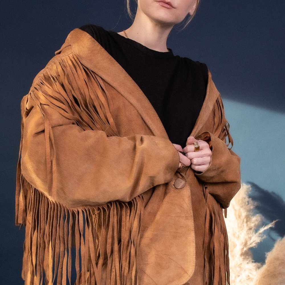 Vintage 80s suede leather fringe blazer jacket